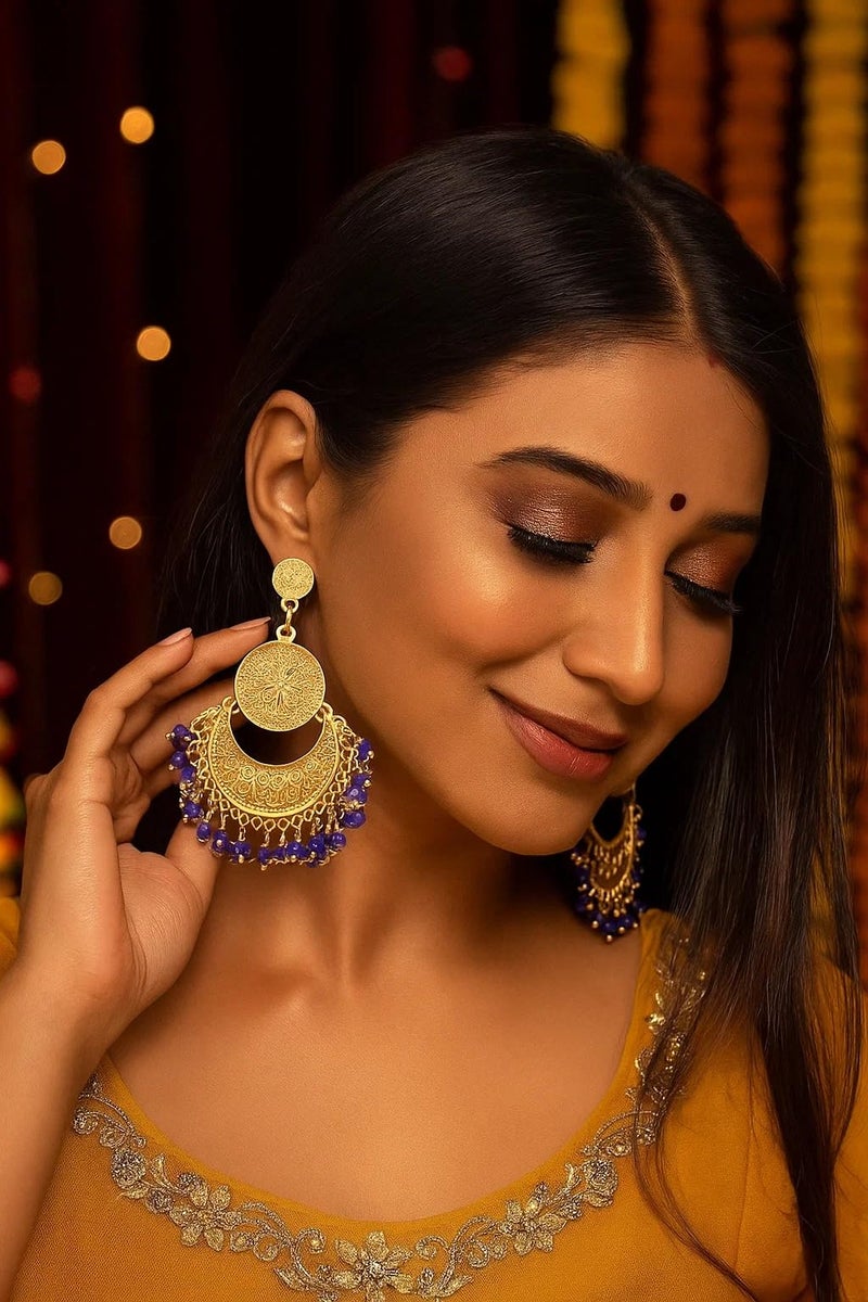 Touchstone Indian earrings for women gold jewelry folklorico chandelier dangle chandbali gypsy statement traditional wedding bridal trendy bollywood accessories with blue beads in antique gold tone - Image 4